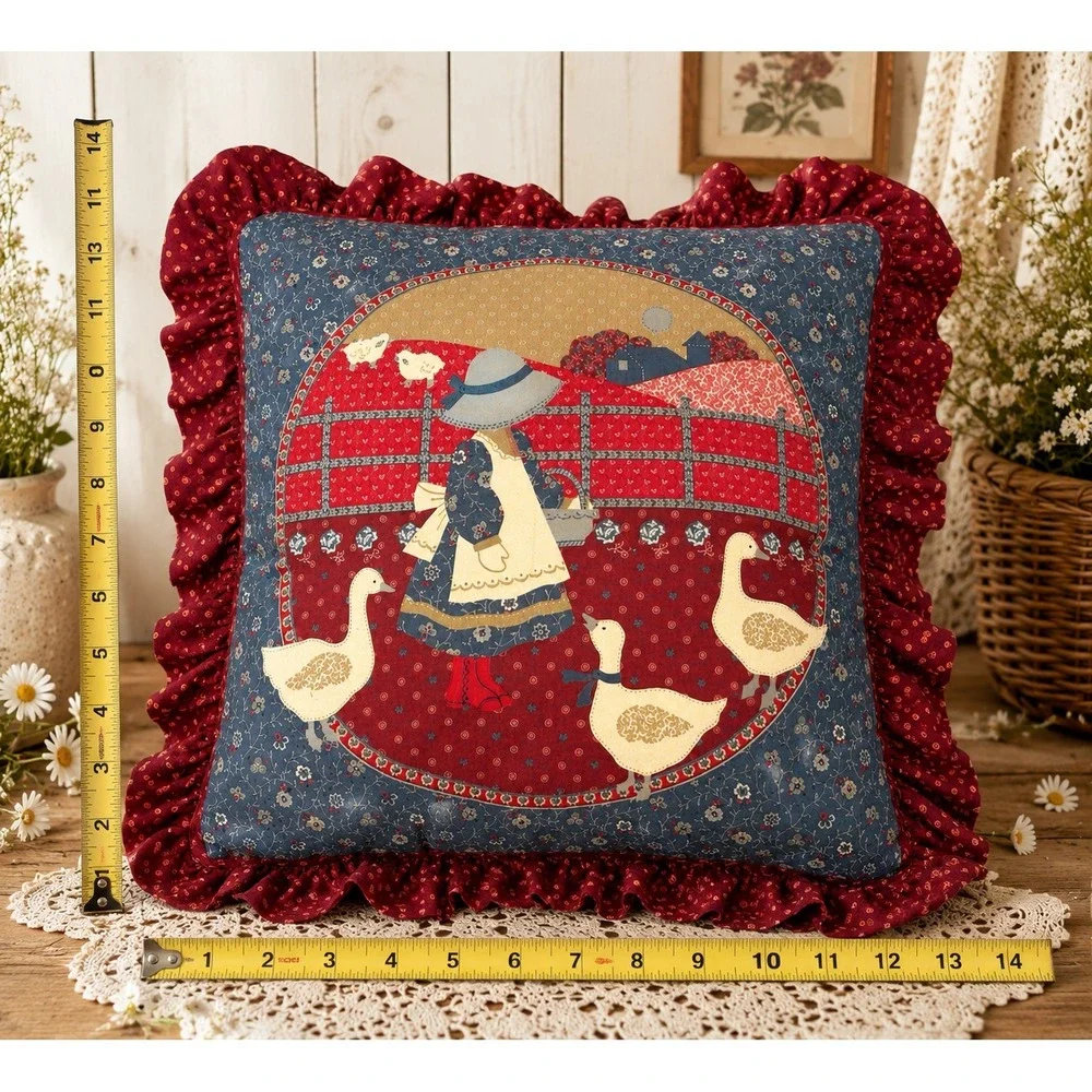 Vintage‎ Throw Pillow Girl Feeding Ducks Geese Holly Hobbie Style Cottagecore